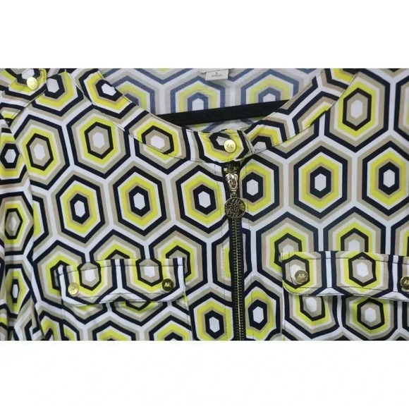 Ann Klein Full Zip Geometric Roll-Tab Sleeves Silky Top-Size Large - Picture 2 of 11